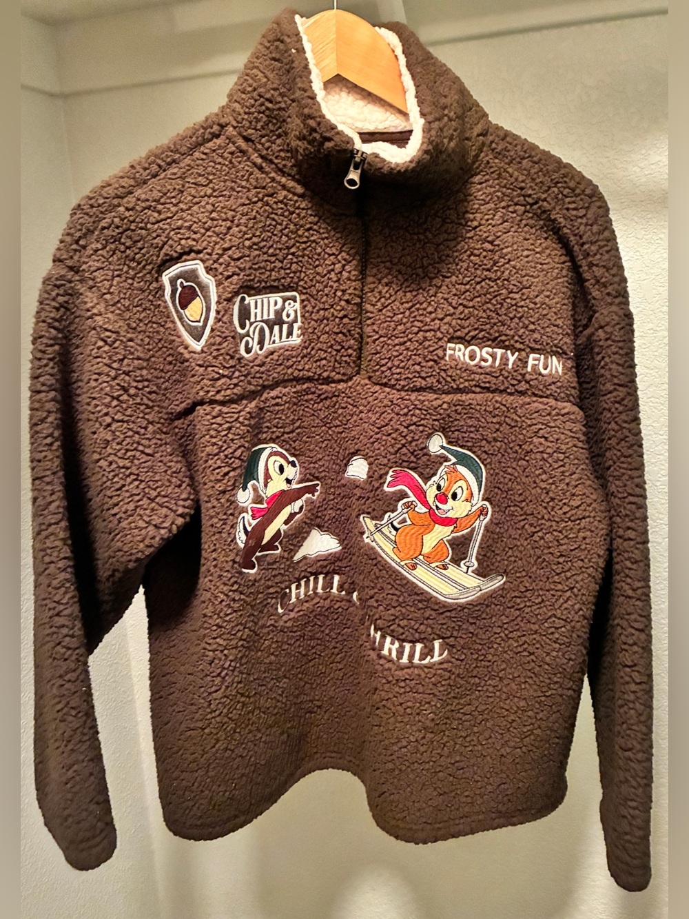 Disney Men’s Brown Sherpa Zip-Up with Chip & Dale Ski Patch